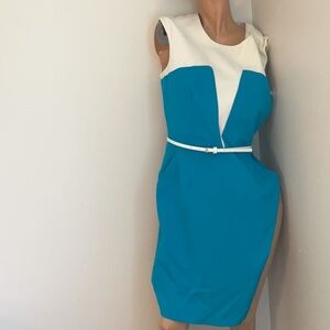Calvin Klein Sleeveless Pencil Sheath Dress with White Belt
